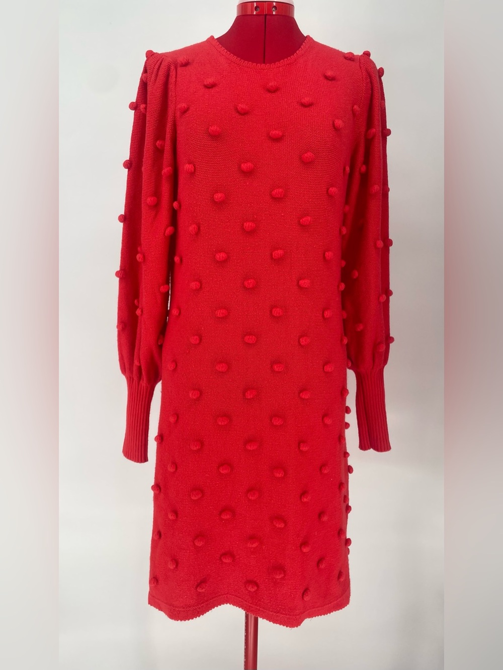 Lilly Pulitzer Red Pom Pom Knit Sweater Dress Puffy Long Sleeves Fitted Cuffs - Picture 2 of 9